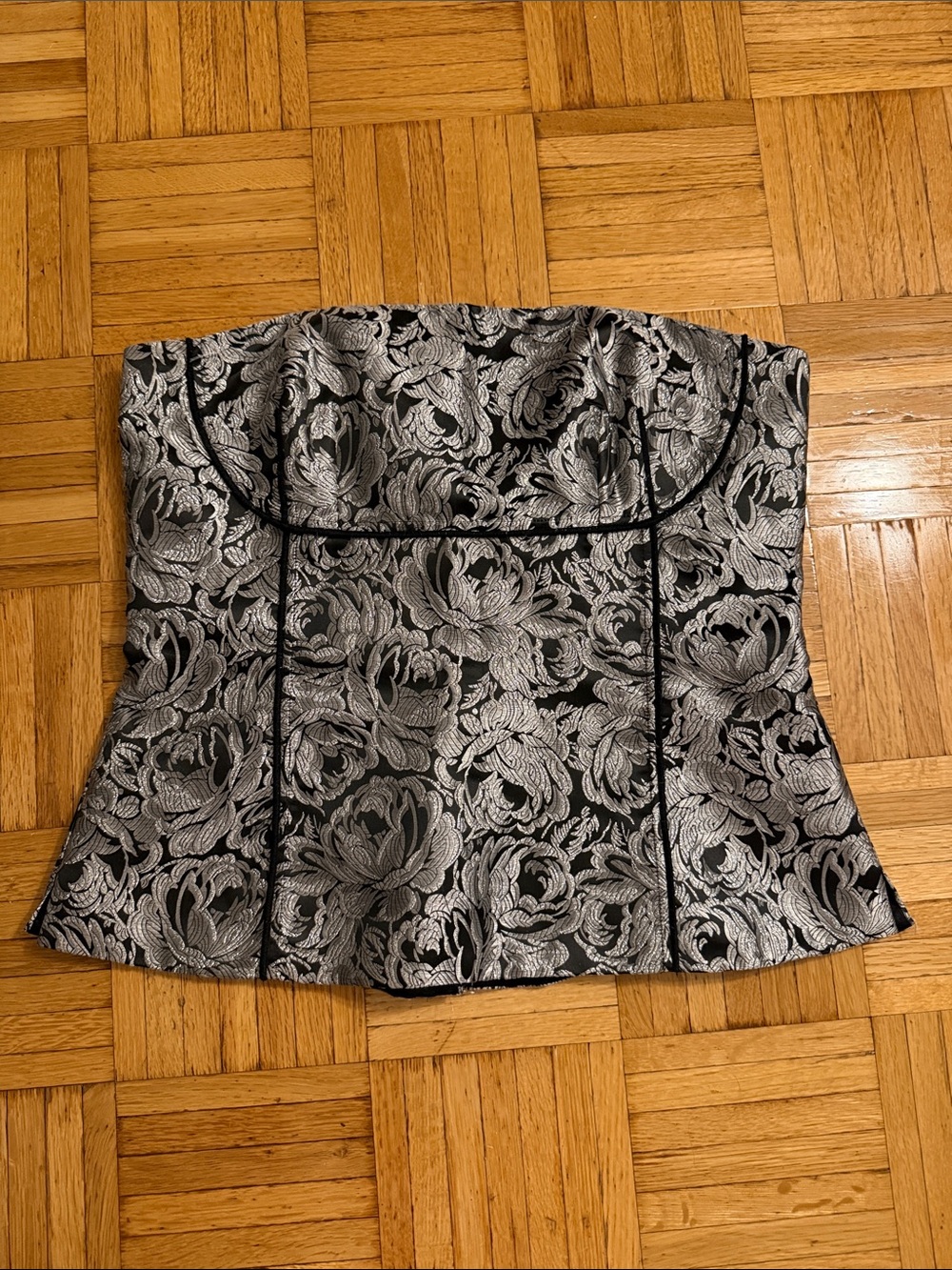 Strapless Black and Silver Floral Brocade Bustier Corset Top